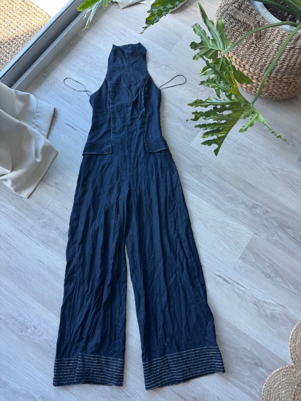 ZARA Contrast Piping Halter Jumpsuit NWT Ink Blue NWT XS - Picture 8 of 16